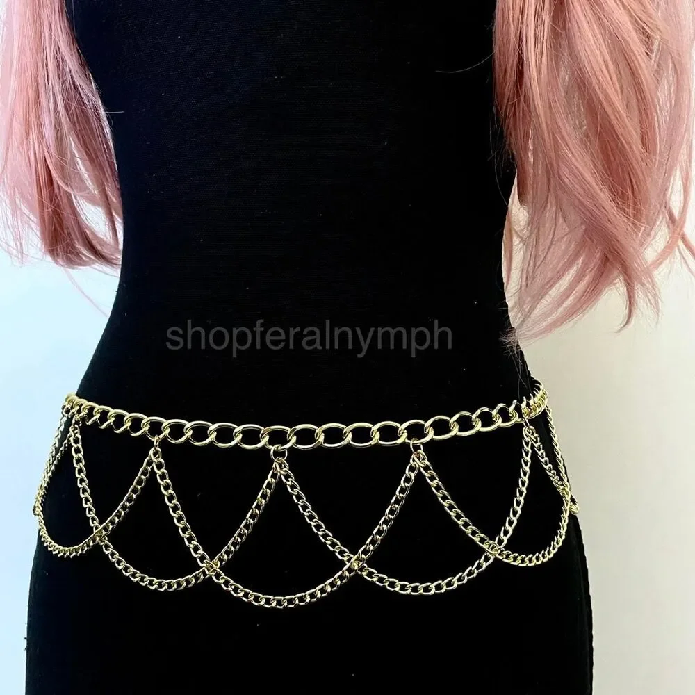 Gold Y2K Cascading Draped Layered Waist Chain Belt, Fits 21-41 Inches, X7GA1360